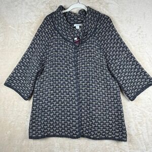 Tweeds Cape Cardigan Sweater 1x Gray Wool Blend One Snap Closure 3/4 Sleeve